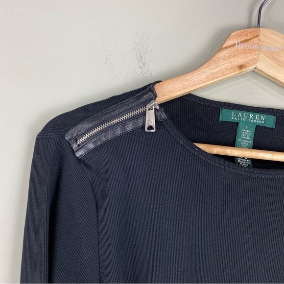 Ralph Lauren Ribbed Leather Zipper Shoulders Long Sleeve Pull Over Sweater Large - Picture 2 of 5